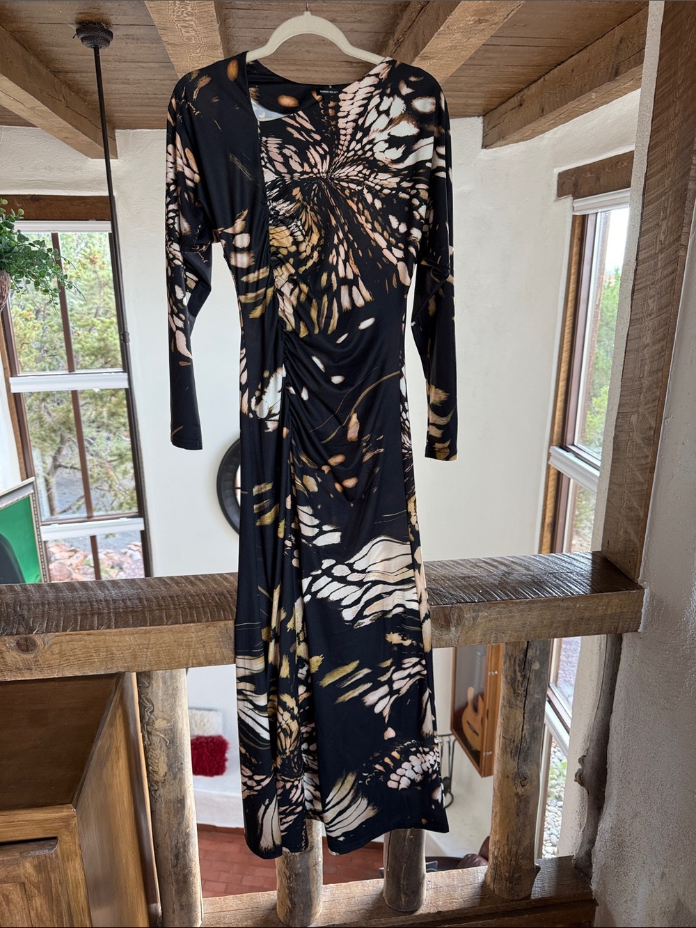 Karen Millen Black Long-Sleeve Abstract-Print Midi Dress